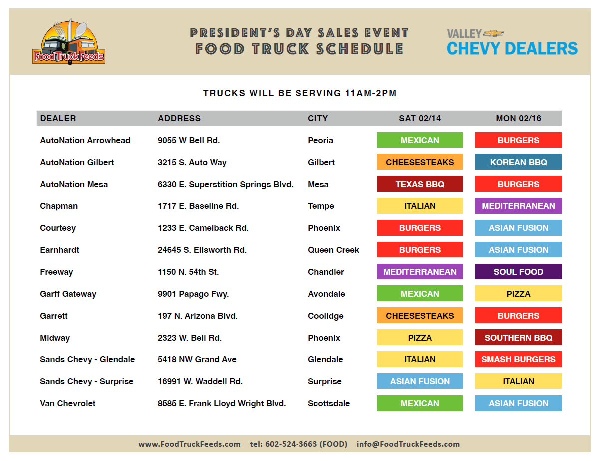 VCD President's Day Truck Schedule 2026 NT