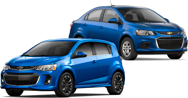 A couple of blue Chevy Sonics: hatchback and sedan